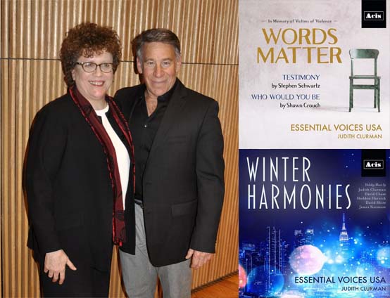 Judith Clurman & Stephen Schwartz - photo by Bruce-Michael Gelbert,  "Words Matter" cover, "Winter Harmonies" cover