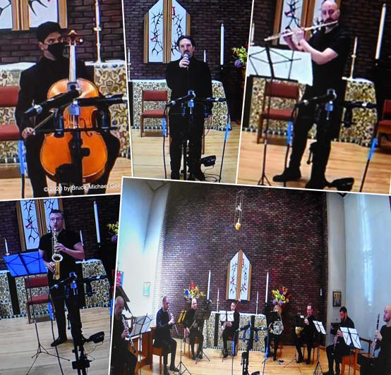 cellist Luis Mercado, Artistic Director Ian Shafer, flutist Justin Lee, saxophonist Aaron Patterson, wind octet - stills from the QUOtets concert by Bruce-Michael Gelbert