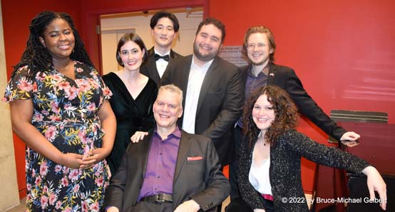 (left to right) Natalie Lewis, Meredith Wohlgemuth, Seonho Yu, Steven Blier, César Andrés Parreño, Francesco Barfoed & Bénédicte Jourdois - Photo by Bruce-Michael Gelbert