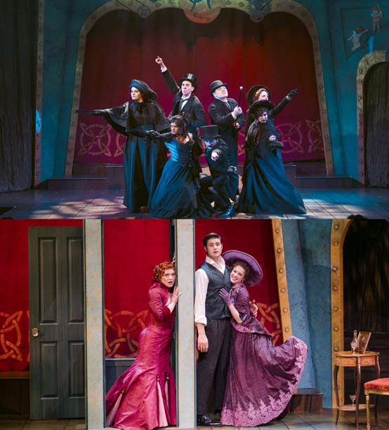 (top) The cast of "A Gentleman’s Guide to Love & Murder", ( bottom) Claire Leyden as Sibella Hallward, Miles Jacoby as Montague “Monty” Navarro, and Eryn LeCroy as Phoebe D’Ysquith. - Photos by Avery Brunkus