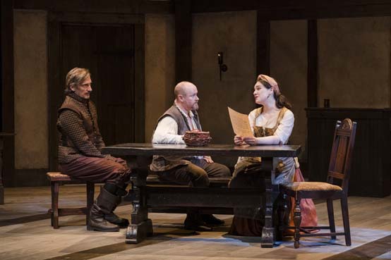 Anthony Marble as John Heminges, Michael Stewart Allen as Henry Condell, and Caroline Leys as Alice Heminges.  Photo by Avery Brunkus